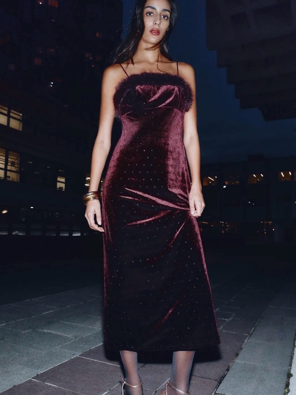 Zara Burgundy Velvet Midi Dress with Feather Trim